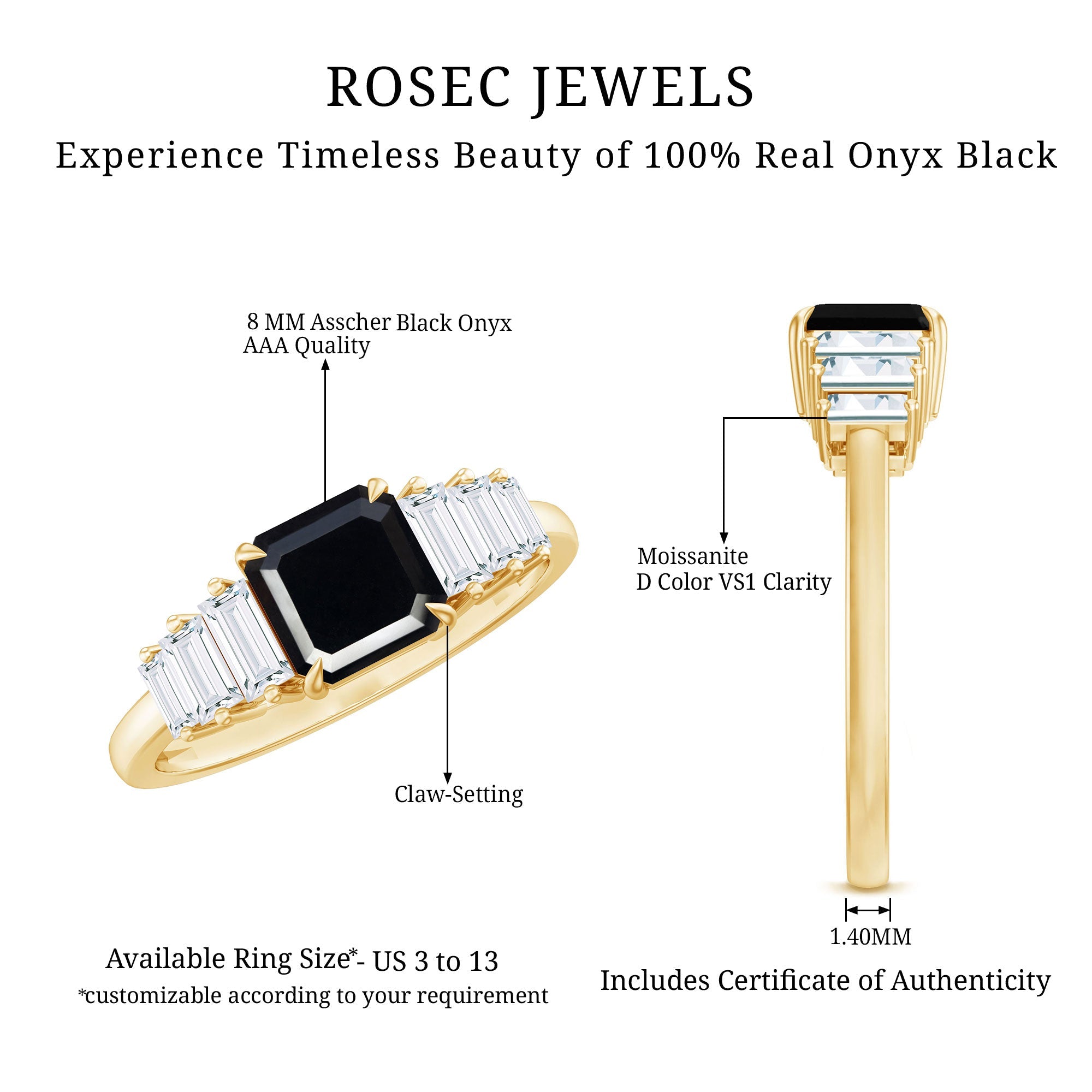 Asscher Cut Black Onyx Engagement Ring with Baguette Moissanite