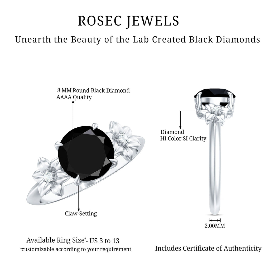 Created Black Diamond Solitaire Flower Engagement Ring with Accent