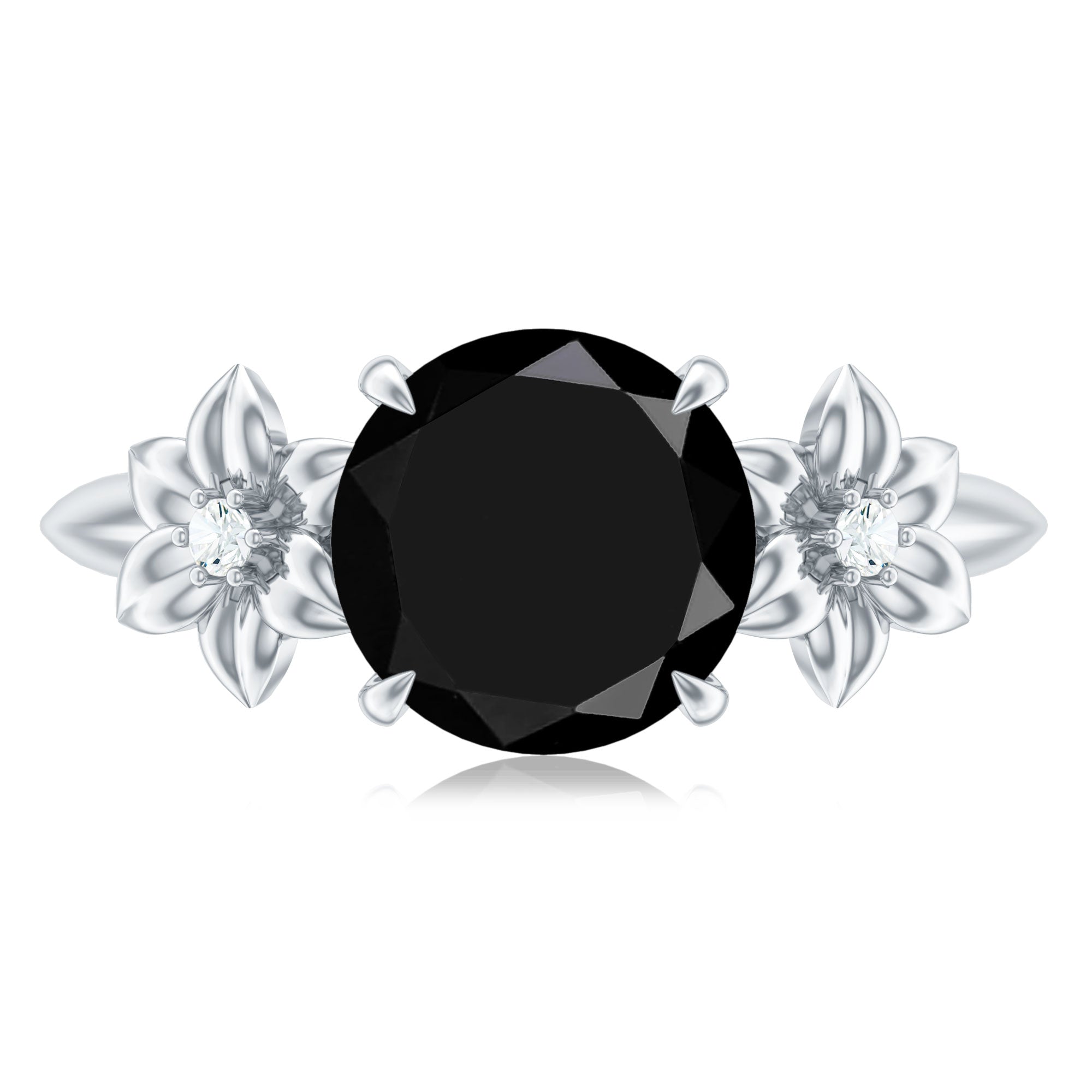 Created Black Diamond Solitaire Flower Engagement Ring with Accent