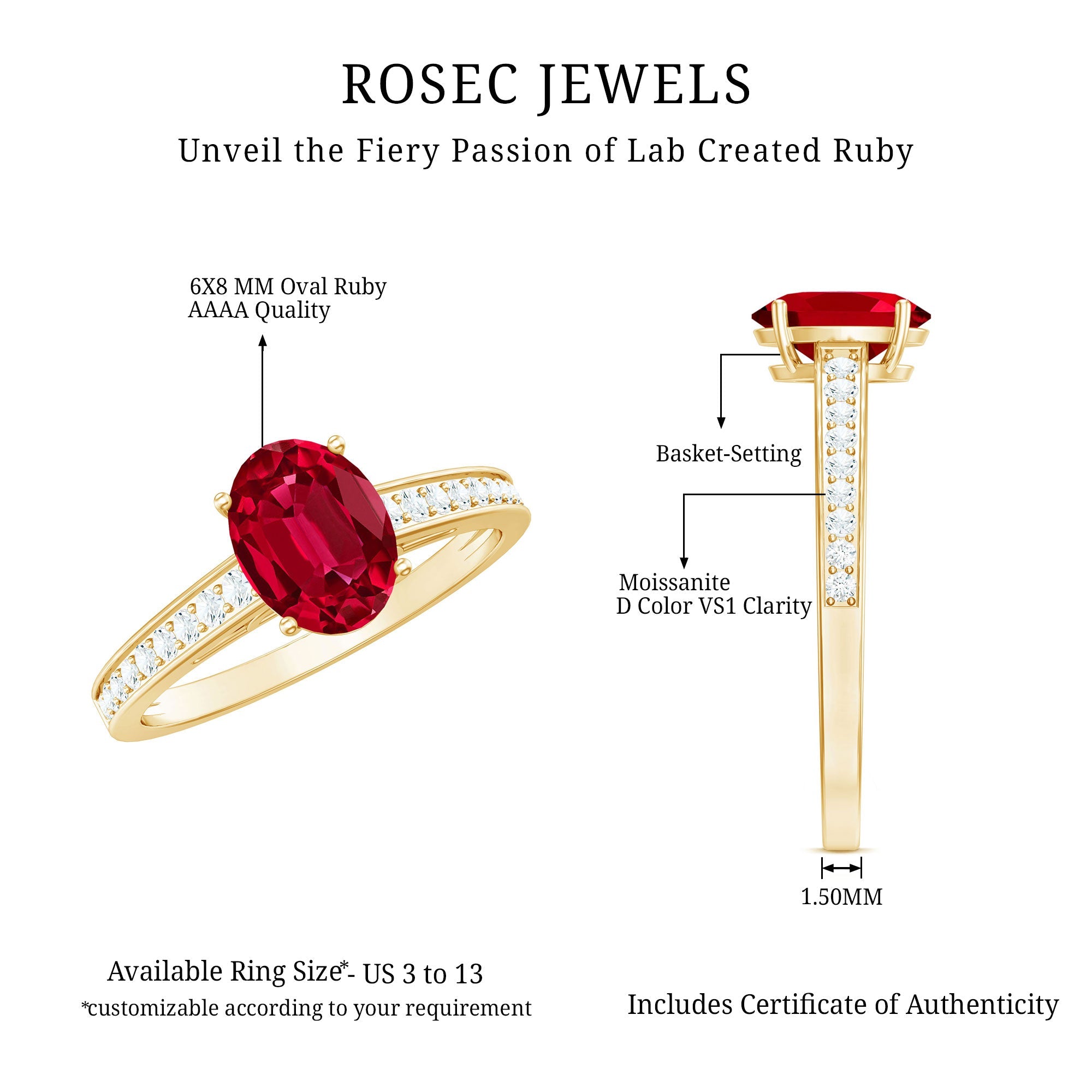 Oval Lab Grown Ruby Solitaire Ring with Moissanite Side Stones