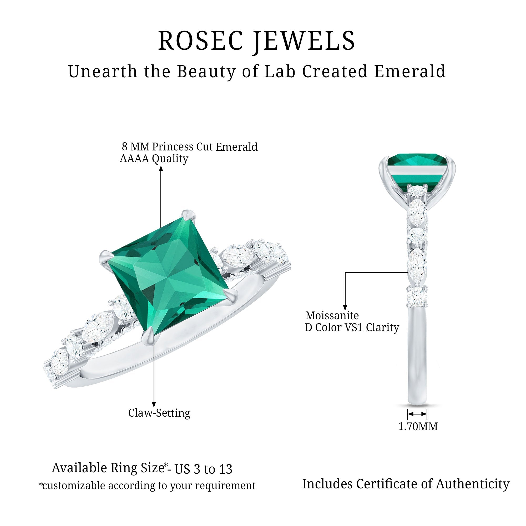8 MM Solitaire Lab Emerald Princess Cut Engagement Ring with Moissanite