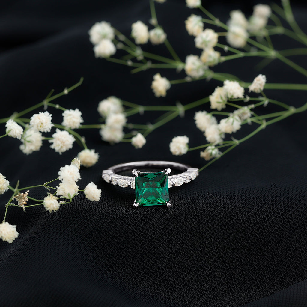 8 MM Solitaire Lab Emerald Princess Cut Engagement Ring with Moissanite