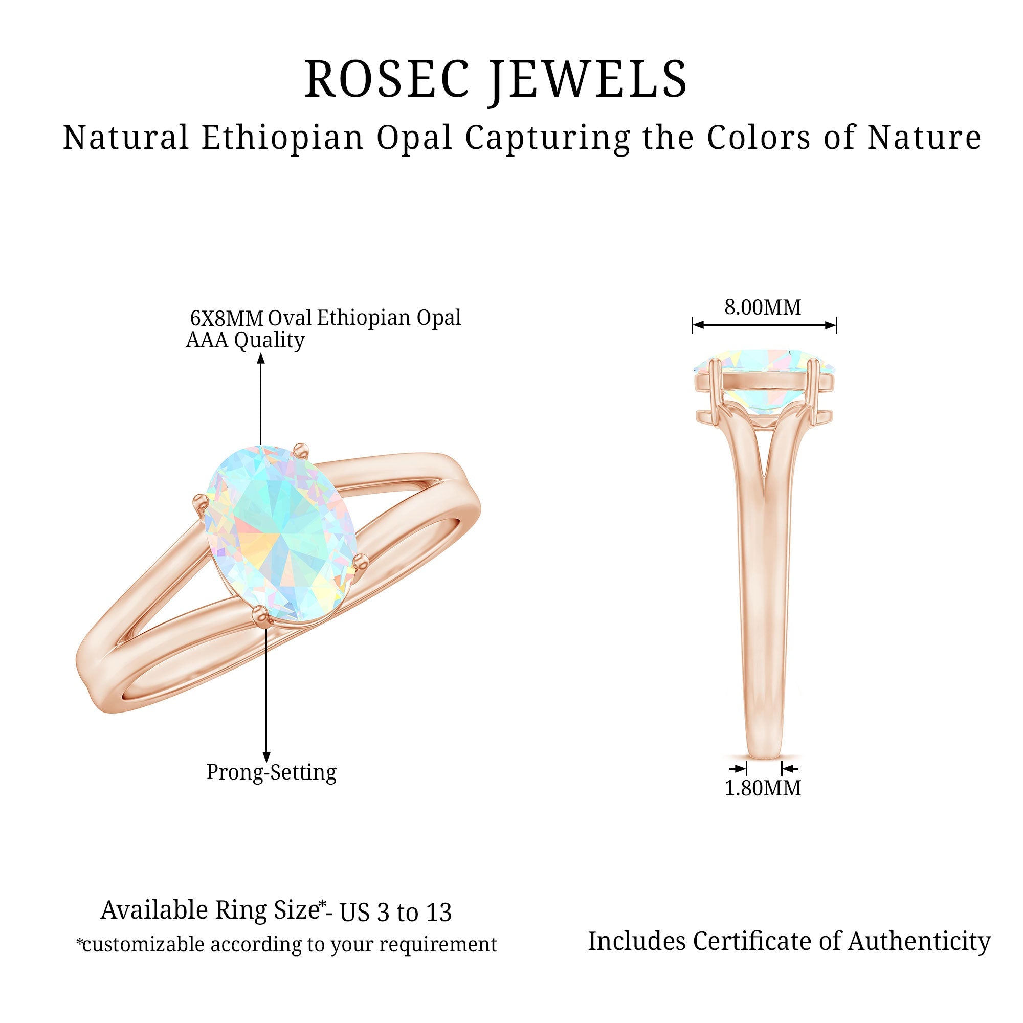 Genuine 6X8 mm Oval Ethiopian Rainbow Opal Split Shank Engagement Ring