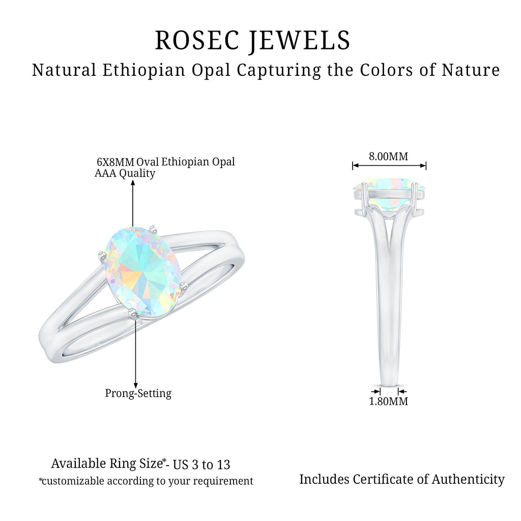 Genuine 6X8 mm Oval Ethiopian Rainbow Opal Split Shank Engagement Ring