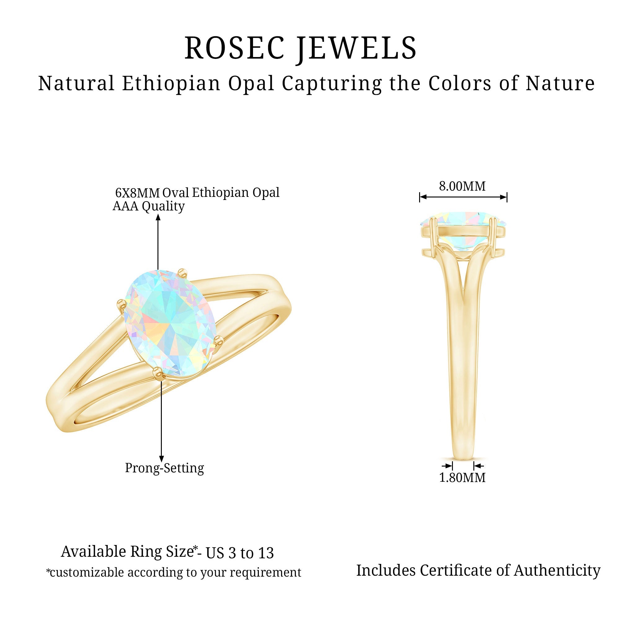Genuine 6X8 mm Oval Ethiopian Rainbow Opal Split Shank Engagement Ring