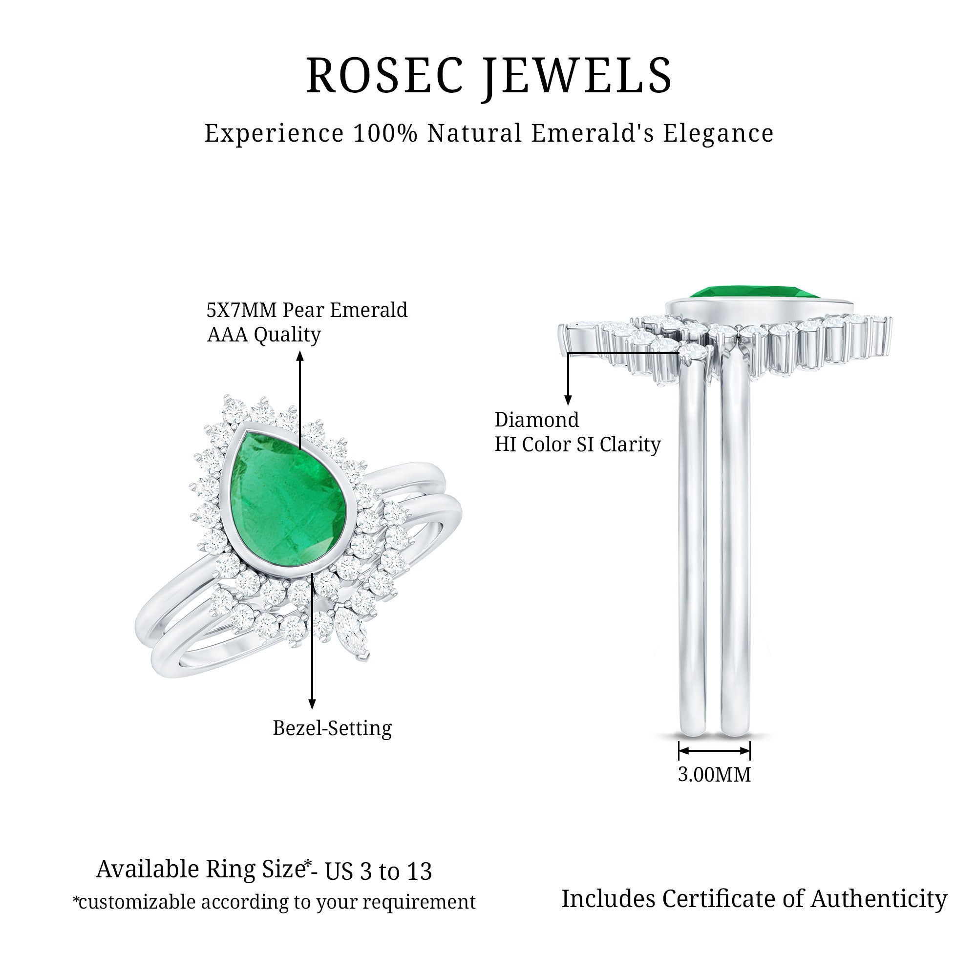 Natural Emerald Diamond Pear Shape Engagement Ring and Wedding Band Set