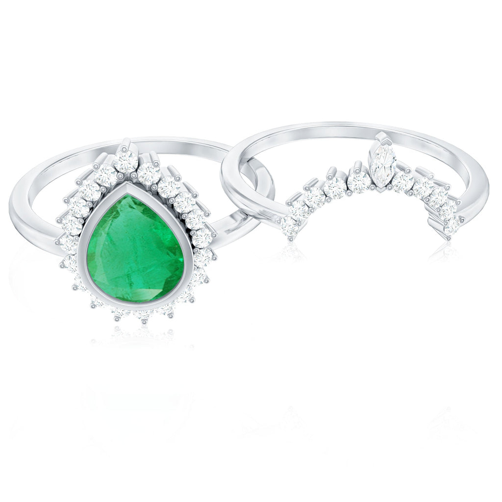 Natural Emerald Diamond Pear Shape Engagement Ring and Wedding Band Set