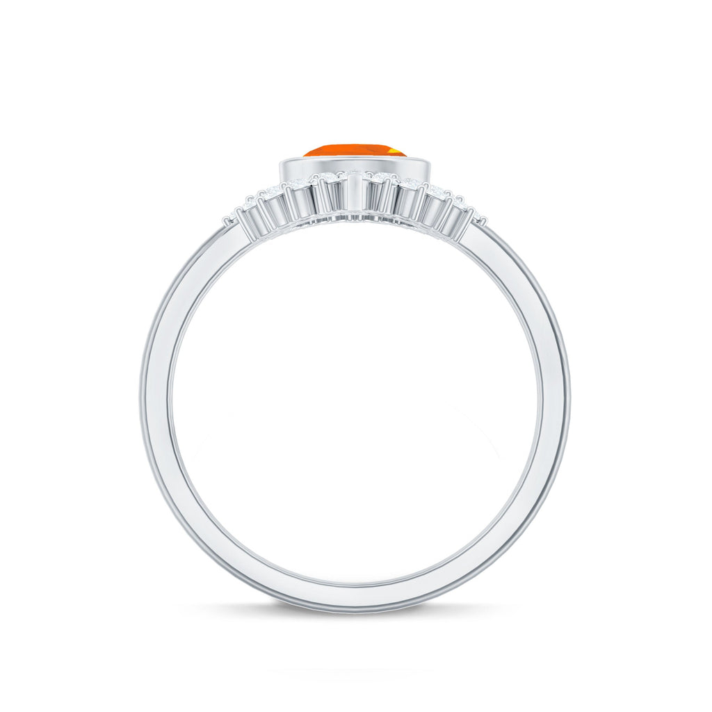 Real 0.6 Carat Fire Opal Teardrop Wedding Ring Set with Diamond Halo