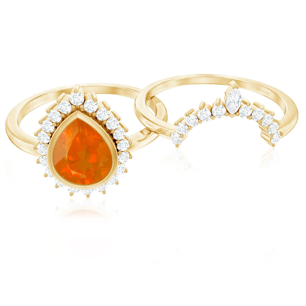 Real 0.6 Carat Fire Opal Teardrop Wedding Ring Set with Diamond Halo
