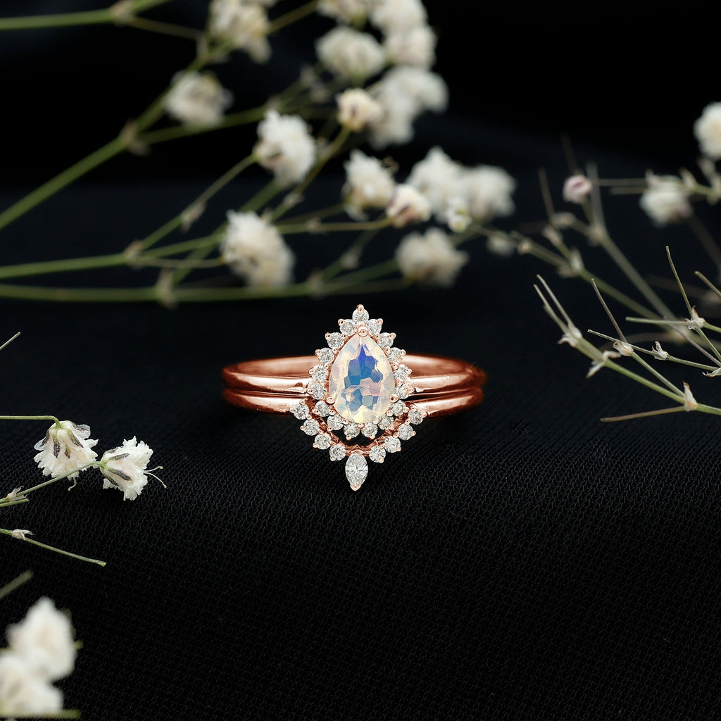 Genuine Pear Shape Rainbow Opal Vintage Inspired Engagement Ring with Enhancer