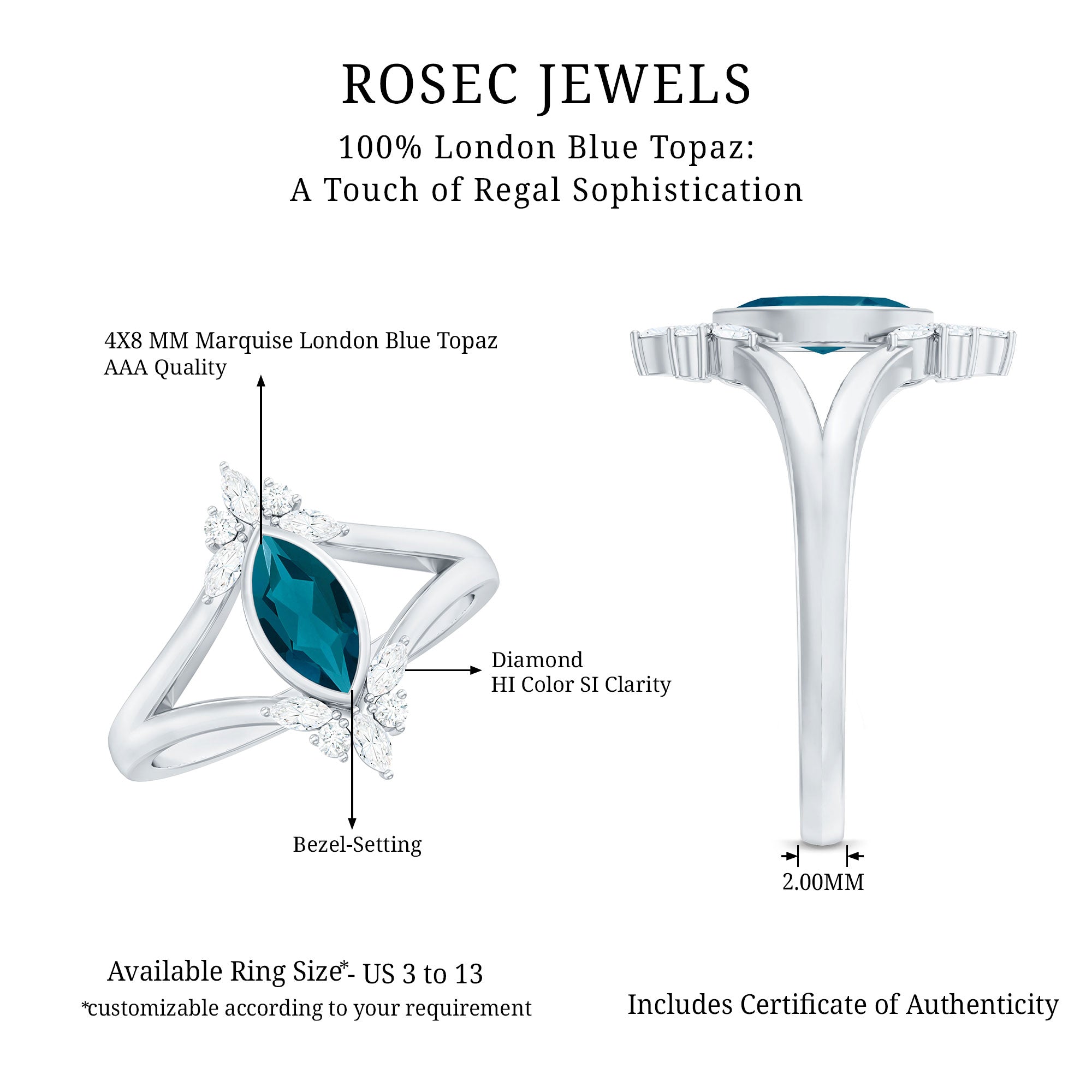4X8mm Marquise Cut London Blue Topaz Cocktail Ring with Diamond