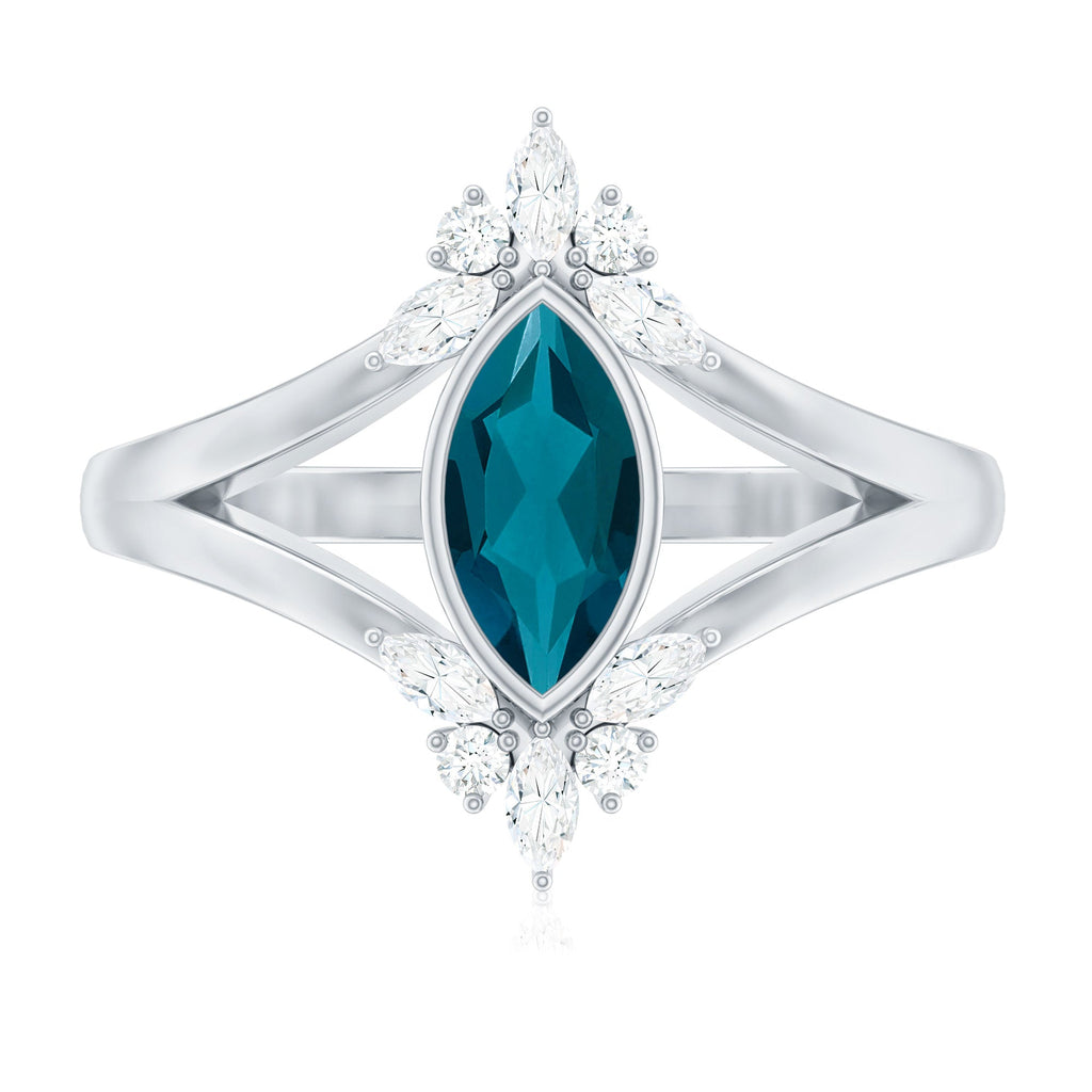 4X8mm Marquise Cut London Blue Topaz Cocktail Ring with Diamond