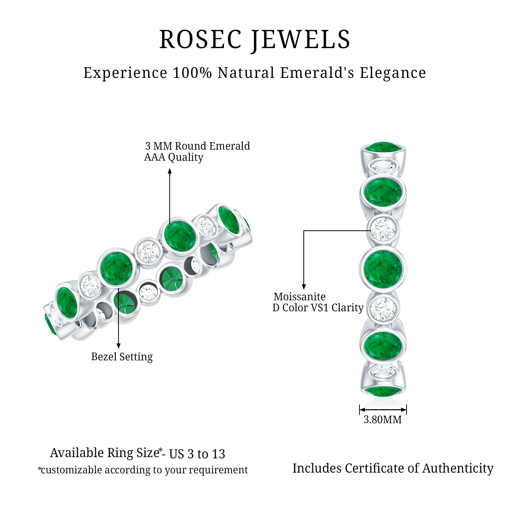 Bezel Set Round Emerald and Moissanite Eternity Wedding Band