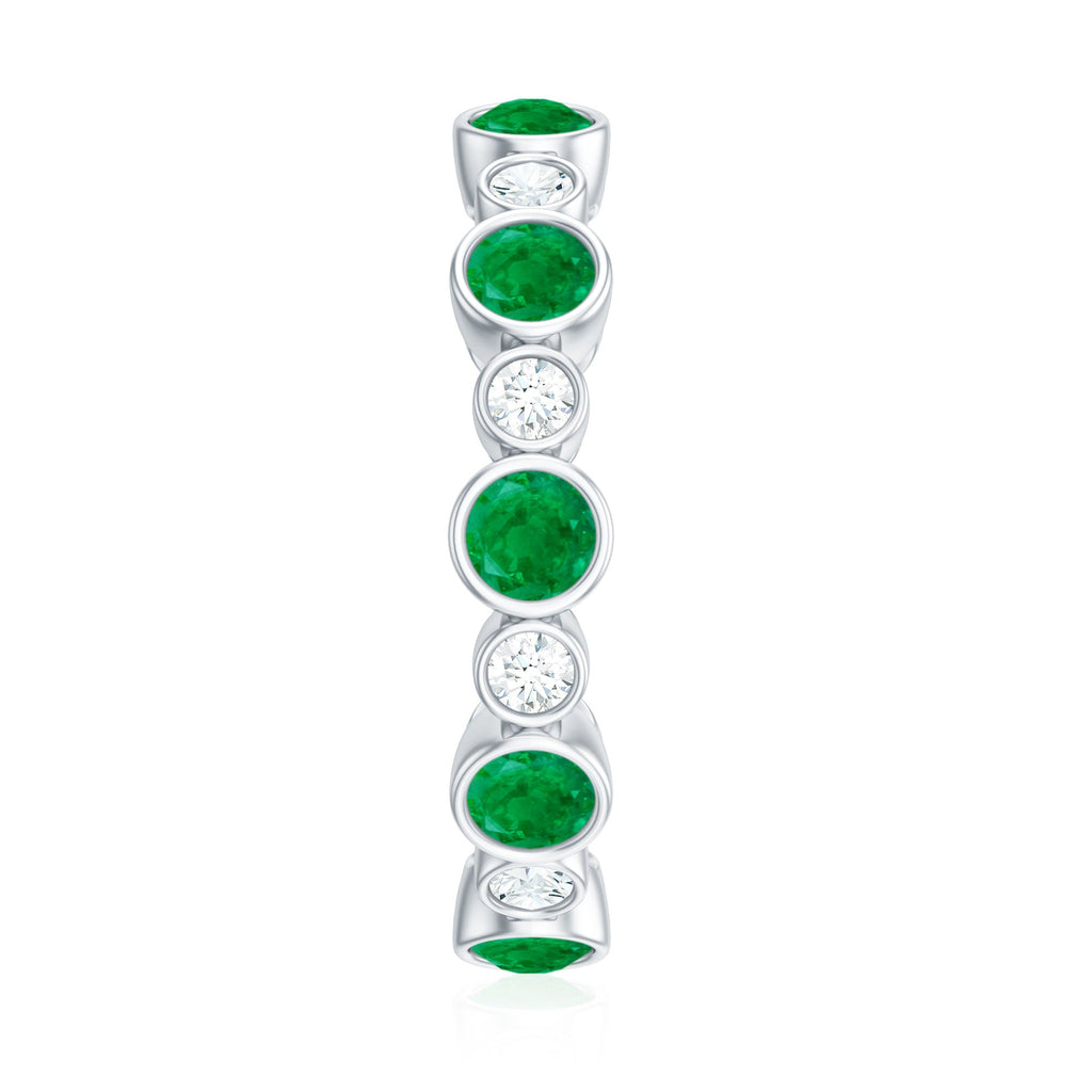 Bezel Set Round Emerald and Moissanite Eternity Wedding Band