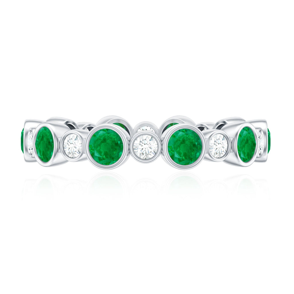 Bezel Set Round Emerald and Moissanite Eternity Wedding Band
