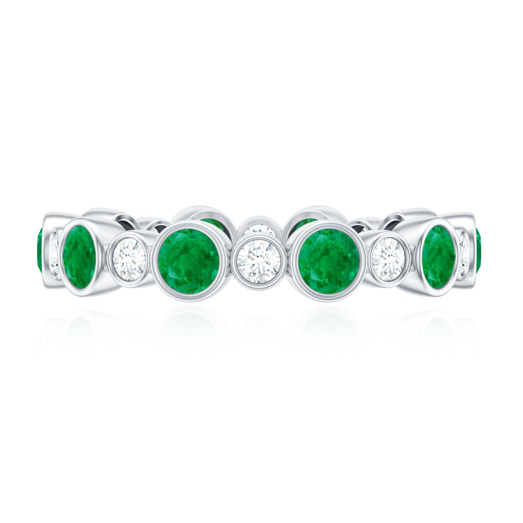 Bezel Set Round Emerald and Moissanite Eternity Wedding Band