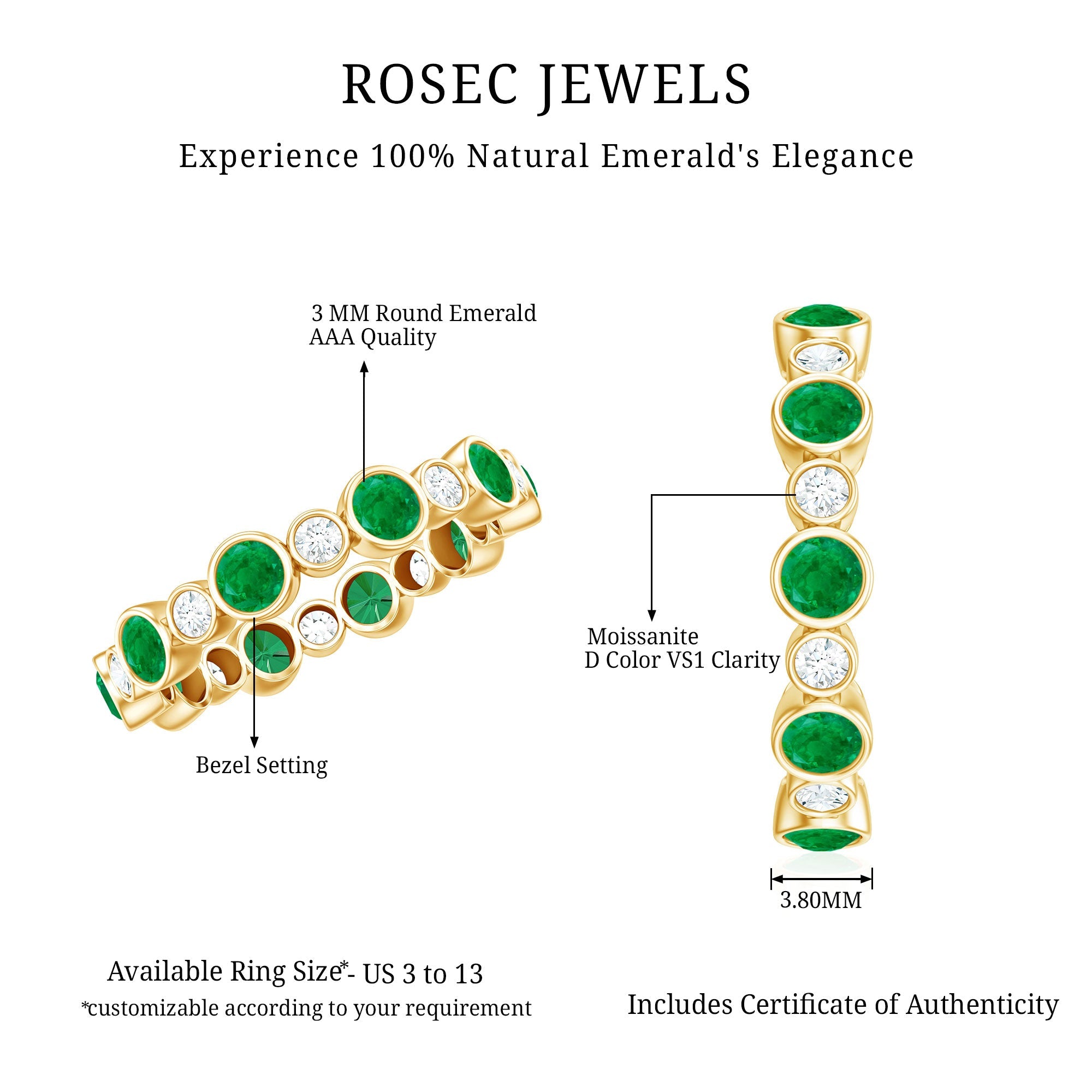 Bezel Set Round Emerald and Moissanite Eternity Wedding Band