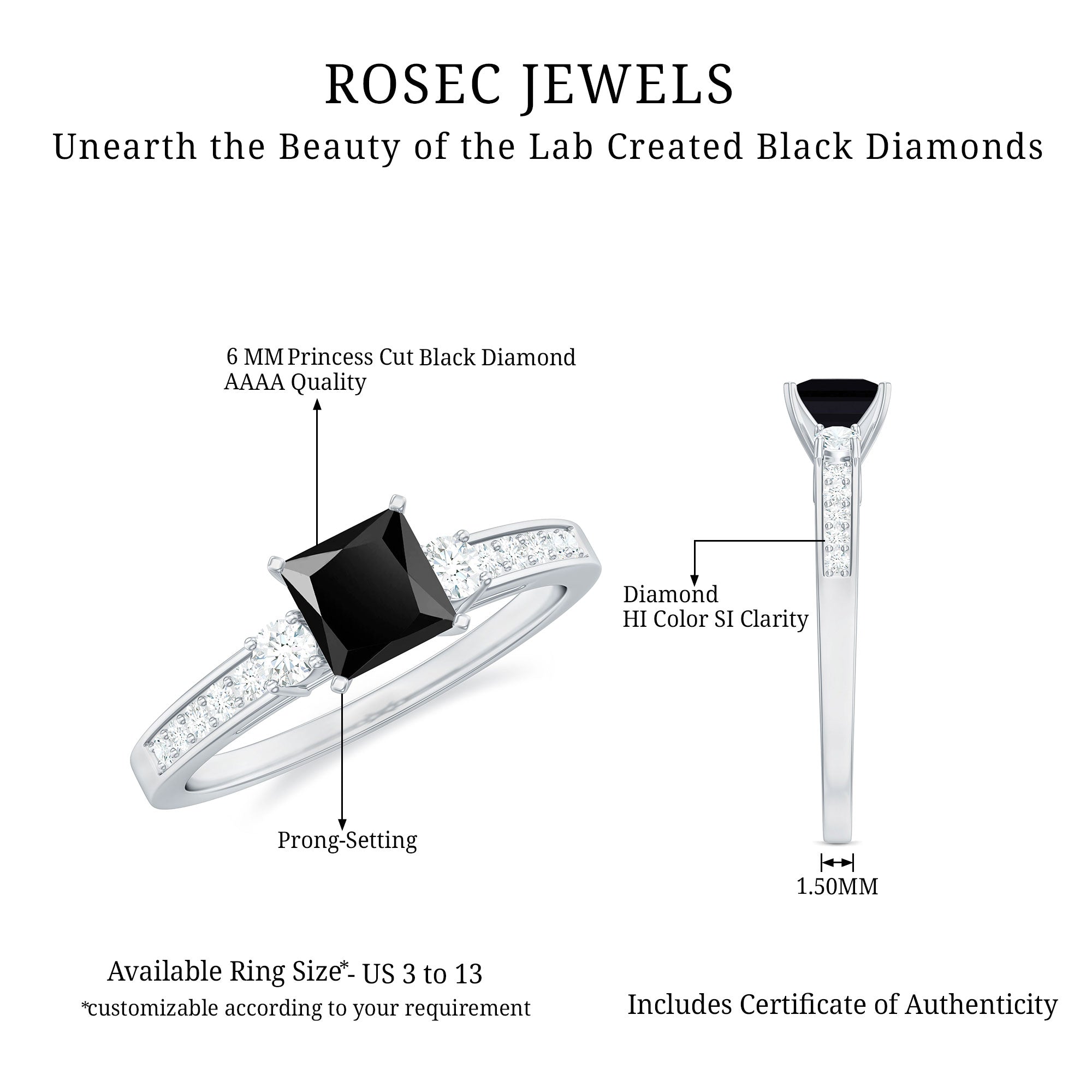 Classic Lab Grown Black Diamond and Diamond Engagement Ring