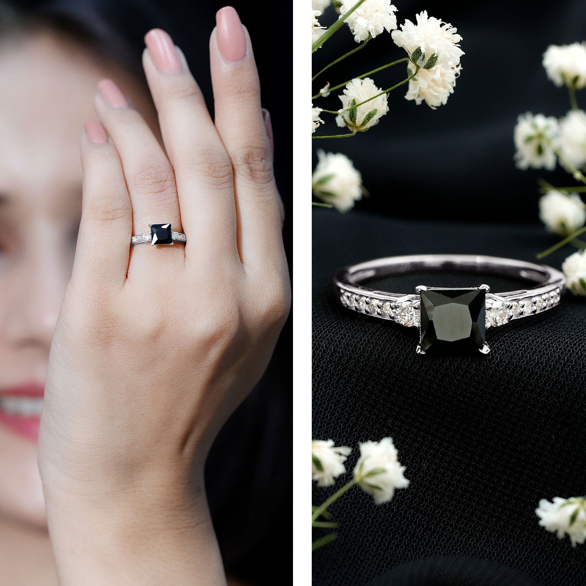 Classic Lab Grown Black Diamond and Diamond Engagement Ring