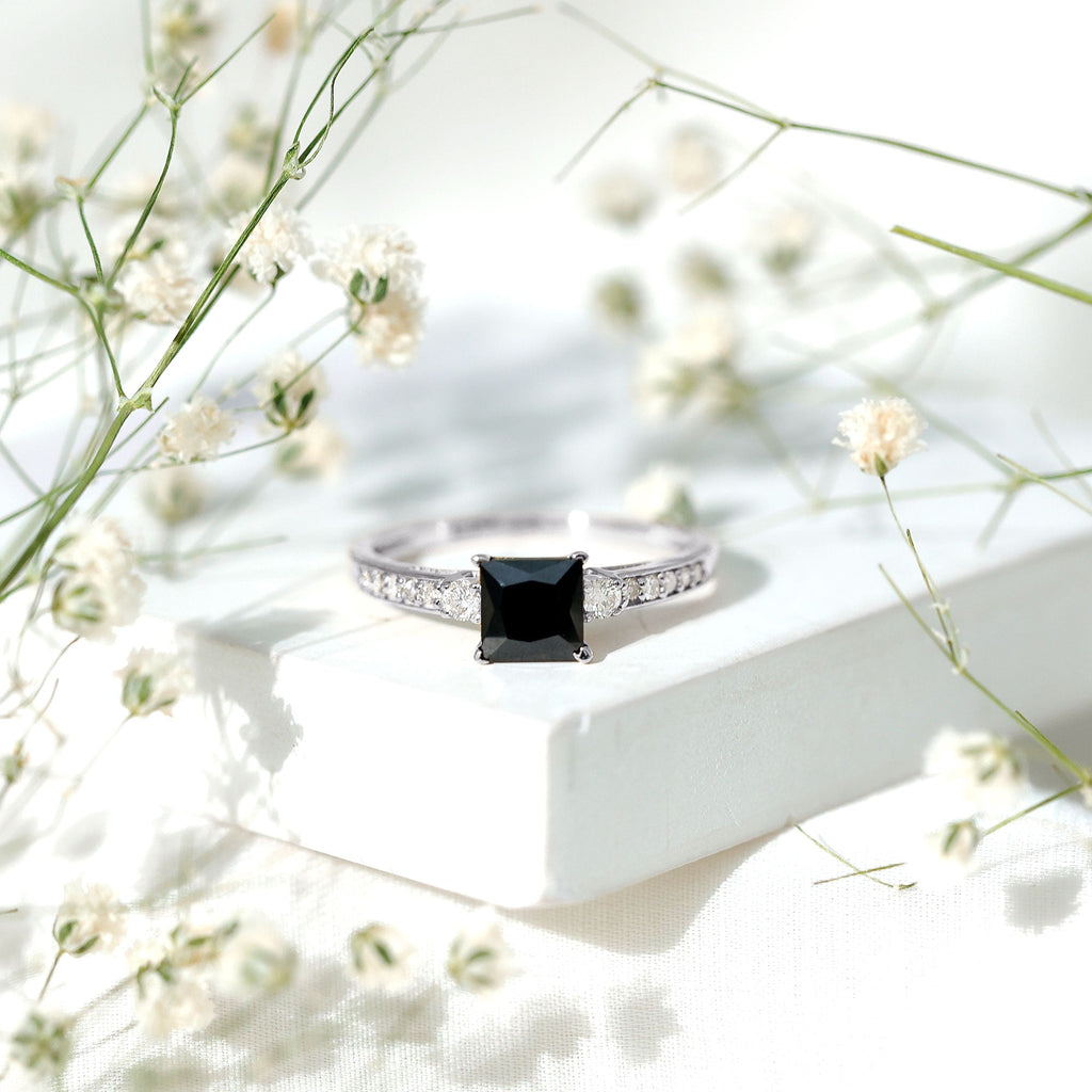 Classic Lab Grown Black Diamond and Diamond Engagement Ring