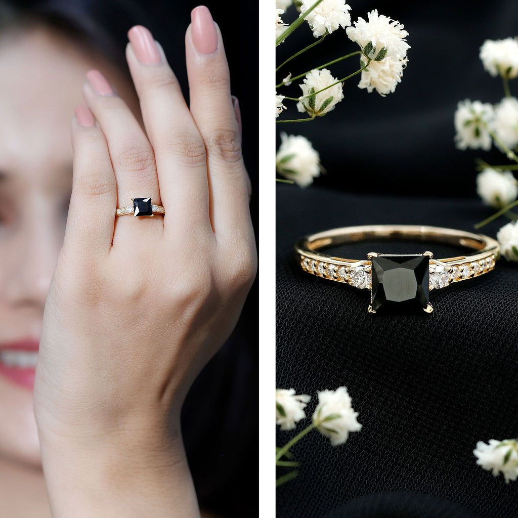 Classic Lab Grown Black Diamond and Diamond Engagement Ring