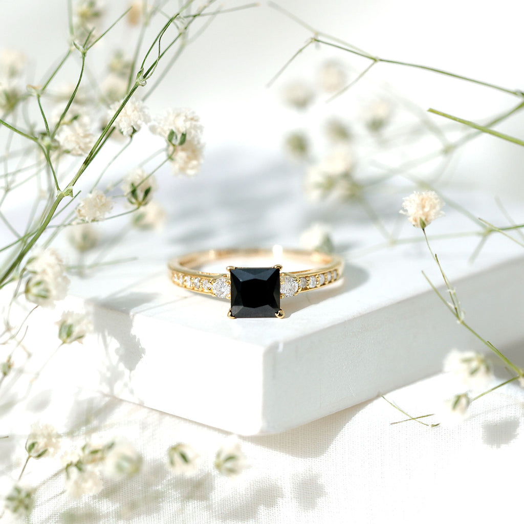 Classic Lab Grown Black Diamond and Diamond Engagement Ring
