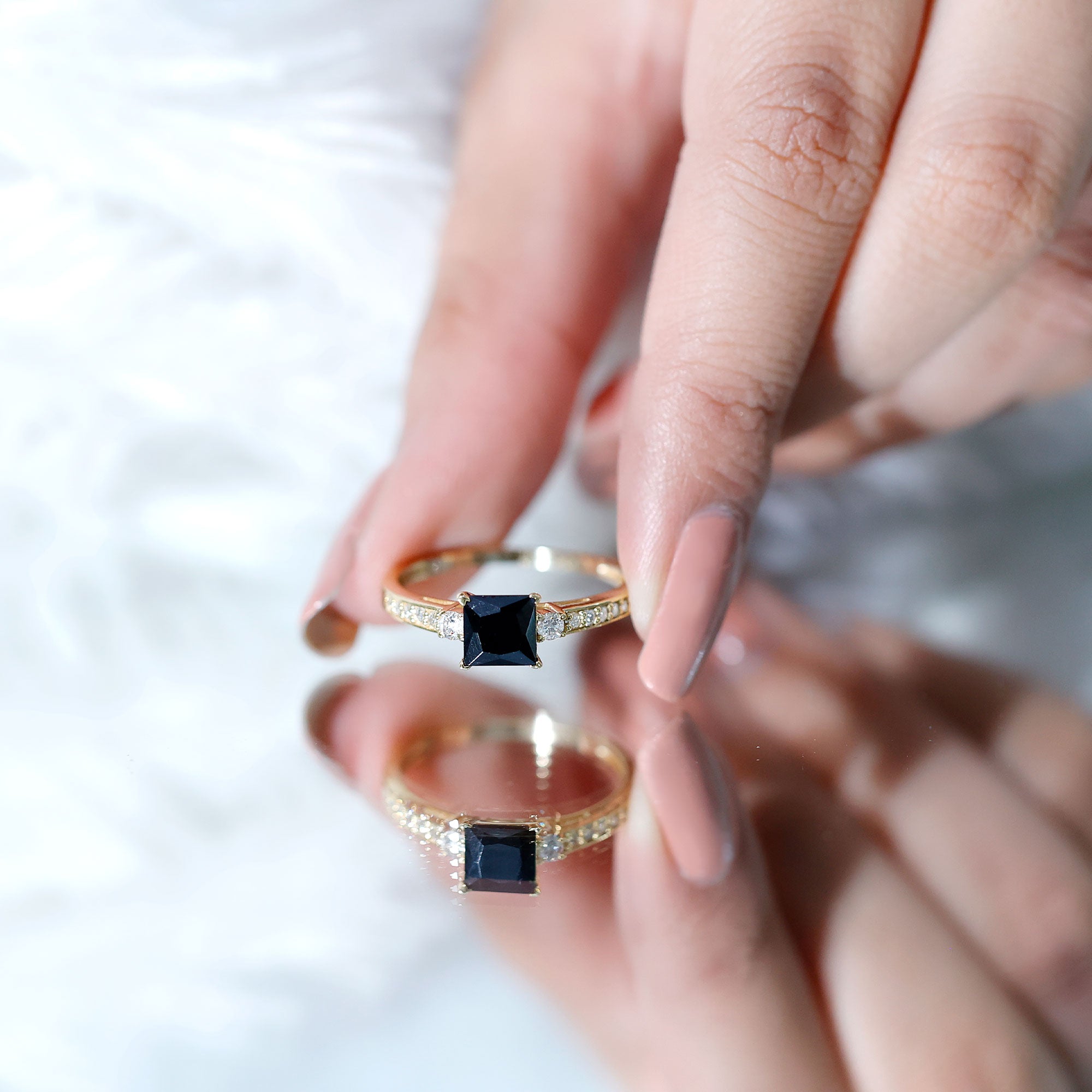Classic Lab Grown Black Diamond and Diamond Engagement Ring