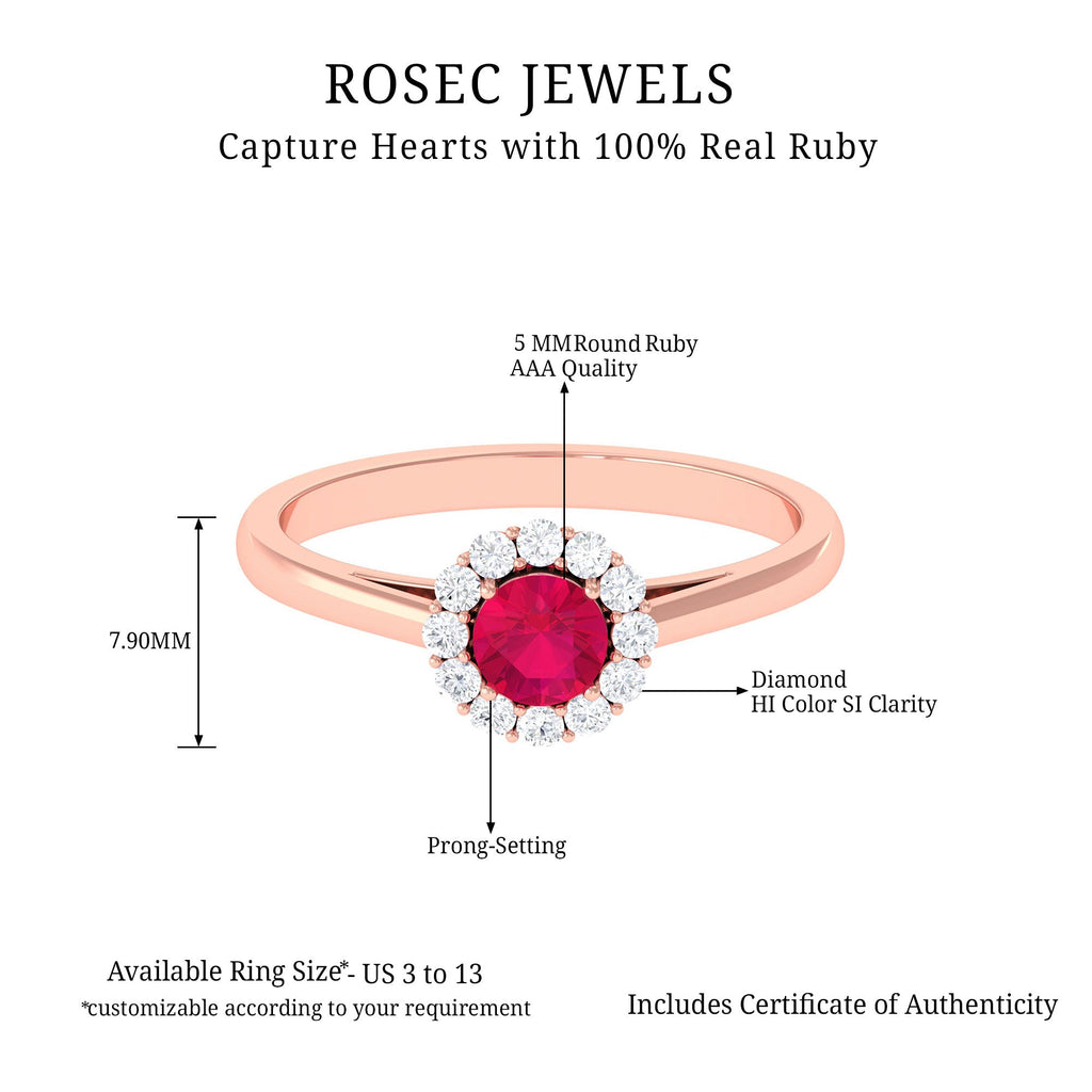 Round Ruby and Diamond Halo Engagement Ring