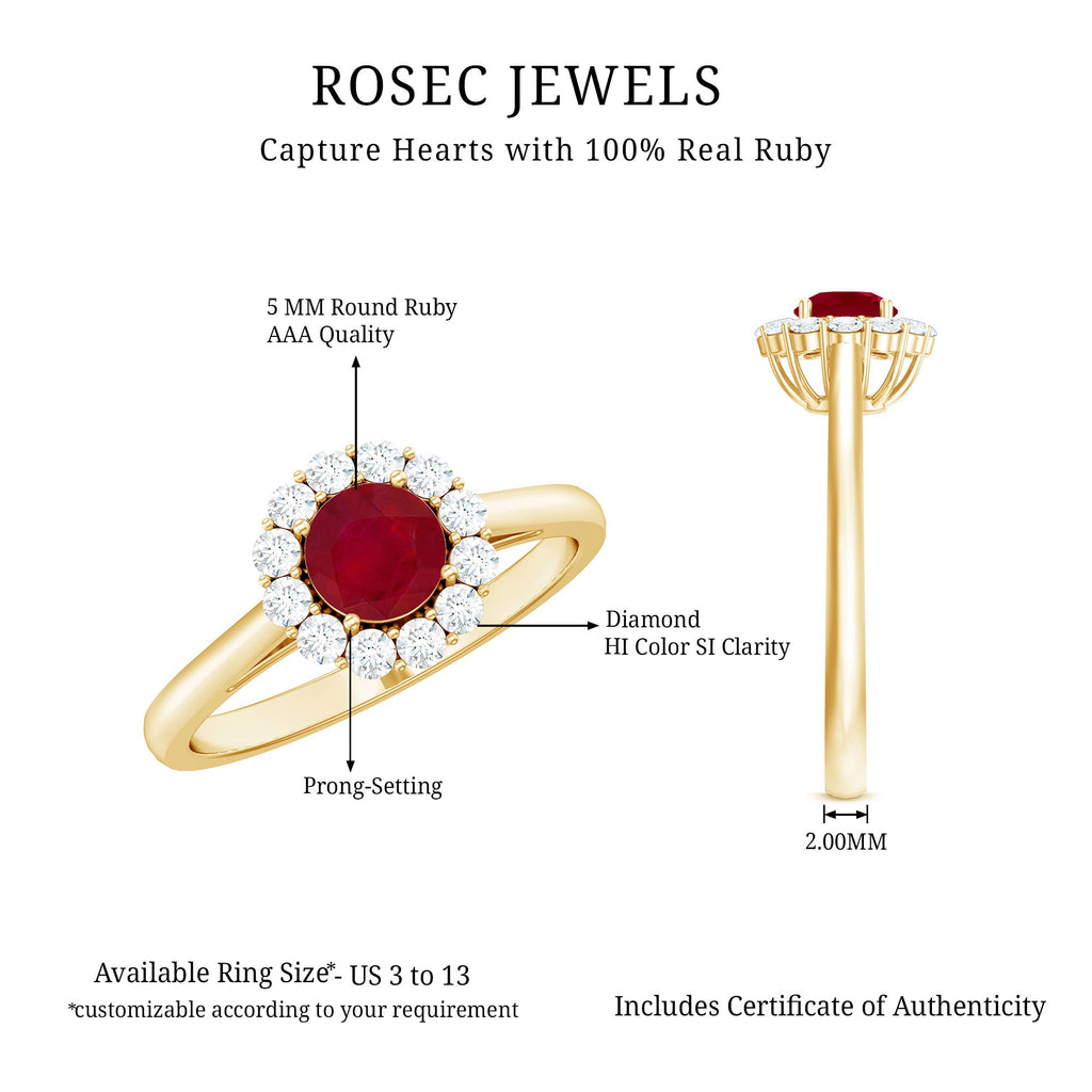 Round Ruby and Diamond Halo Engagement Ring
