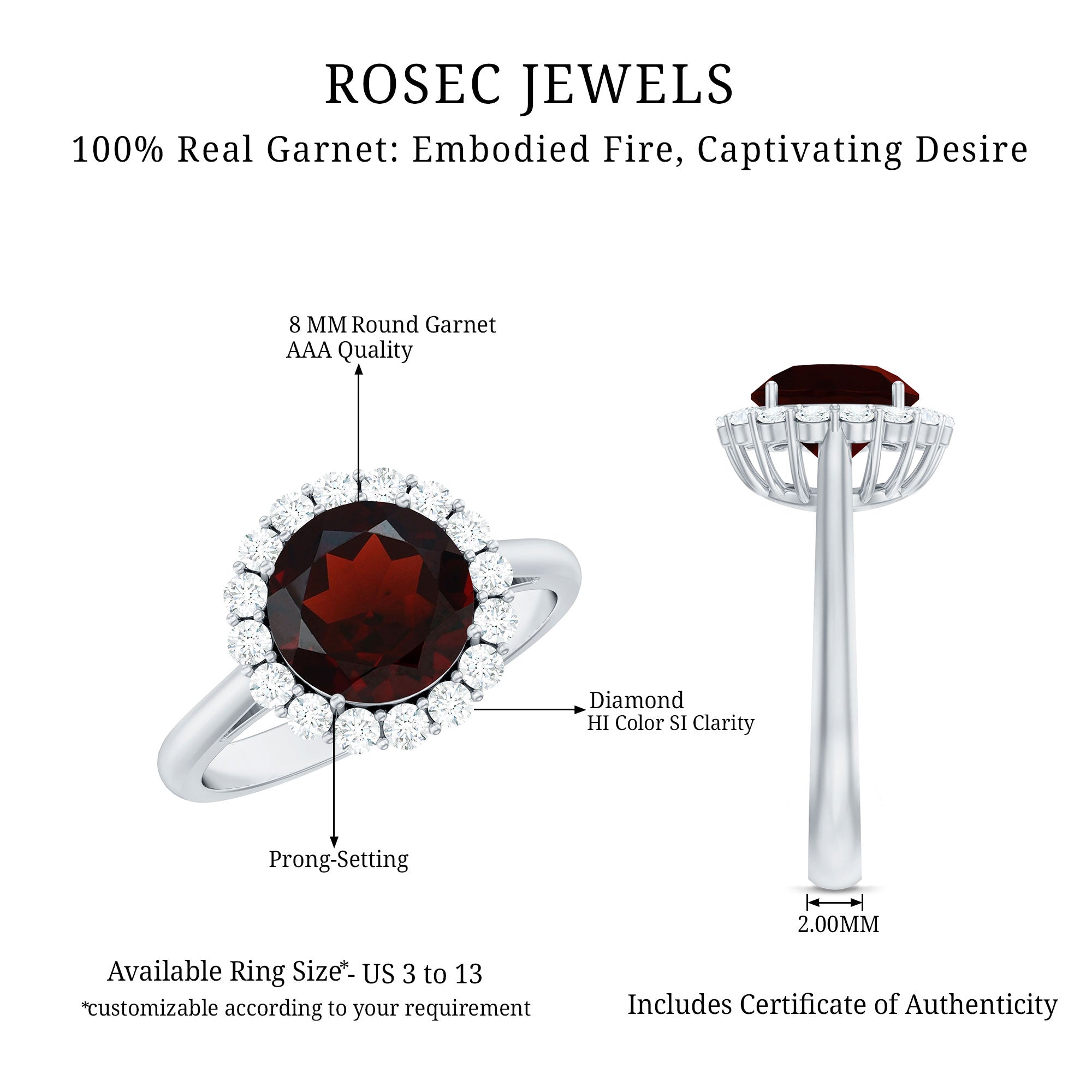 Certified Real 8 mm Garnet Engagement Ring with Diamond Halo