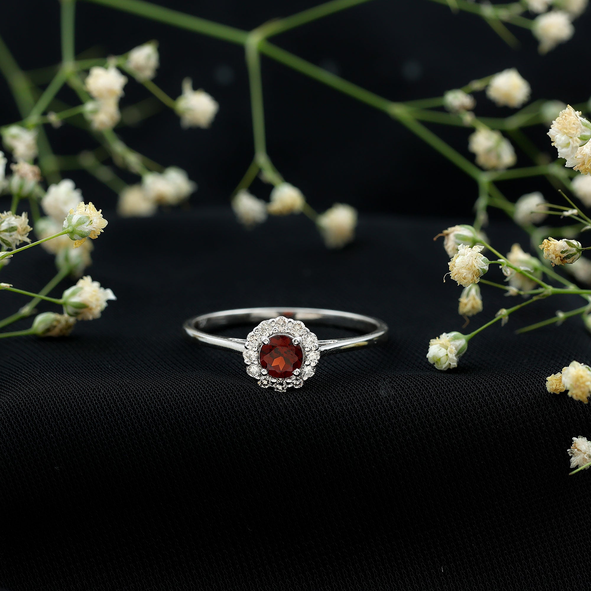 Certified Real 8 mm Garnet Engagement Ring with Diamond Halo