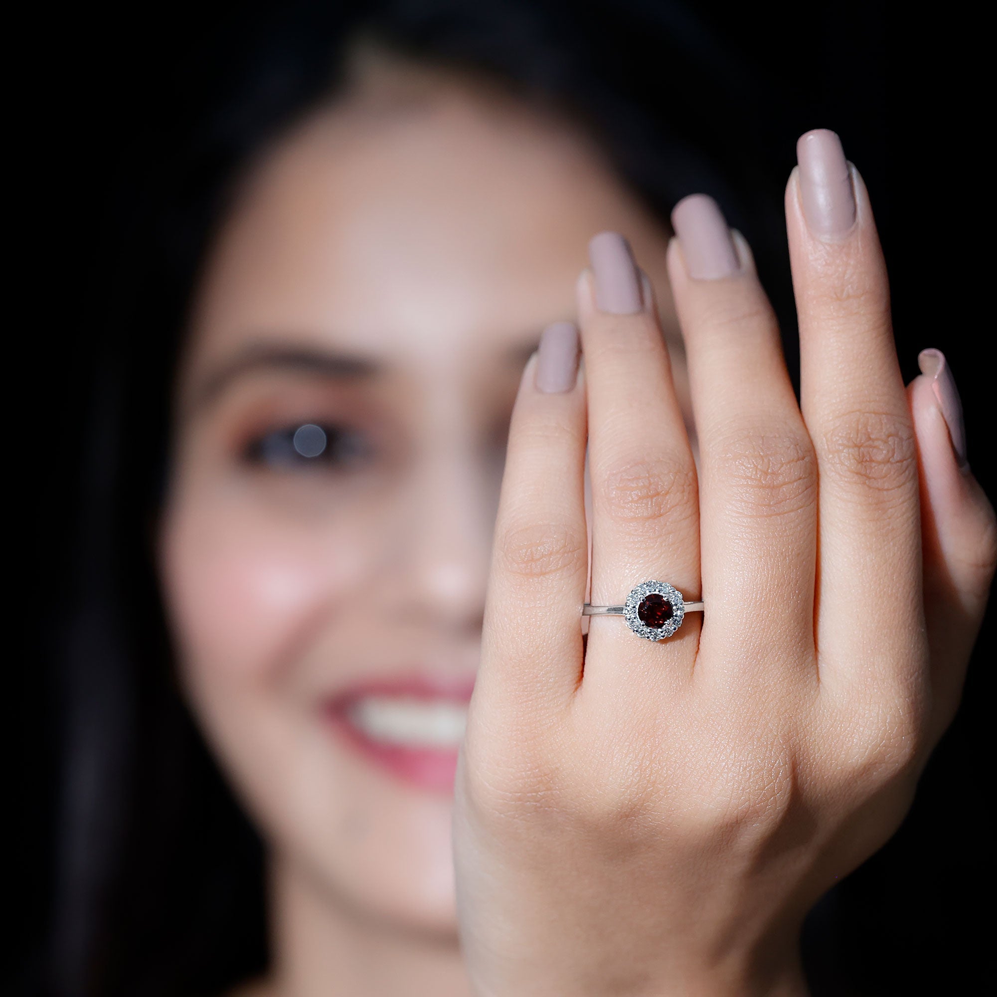 Certified Real 8 mm Garnet Engagement Ring with Diamond Halo