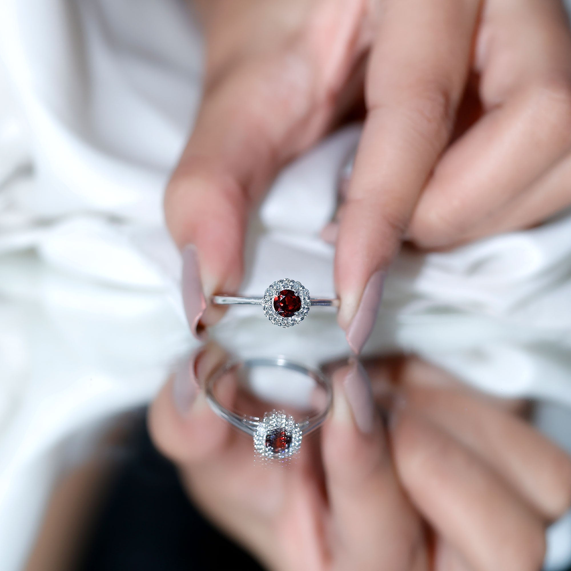 Certified Real 8 mm Garnet Engagement Ring with Diamond Halo