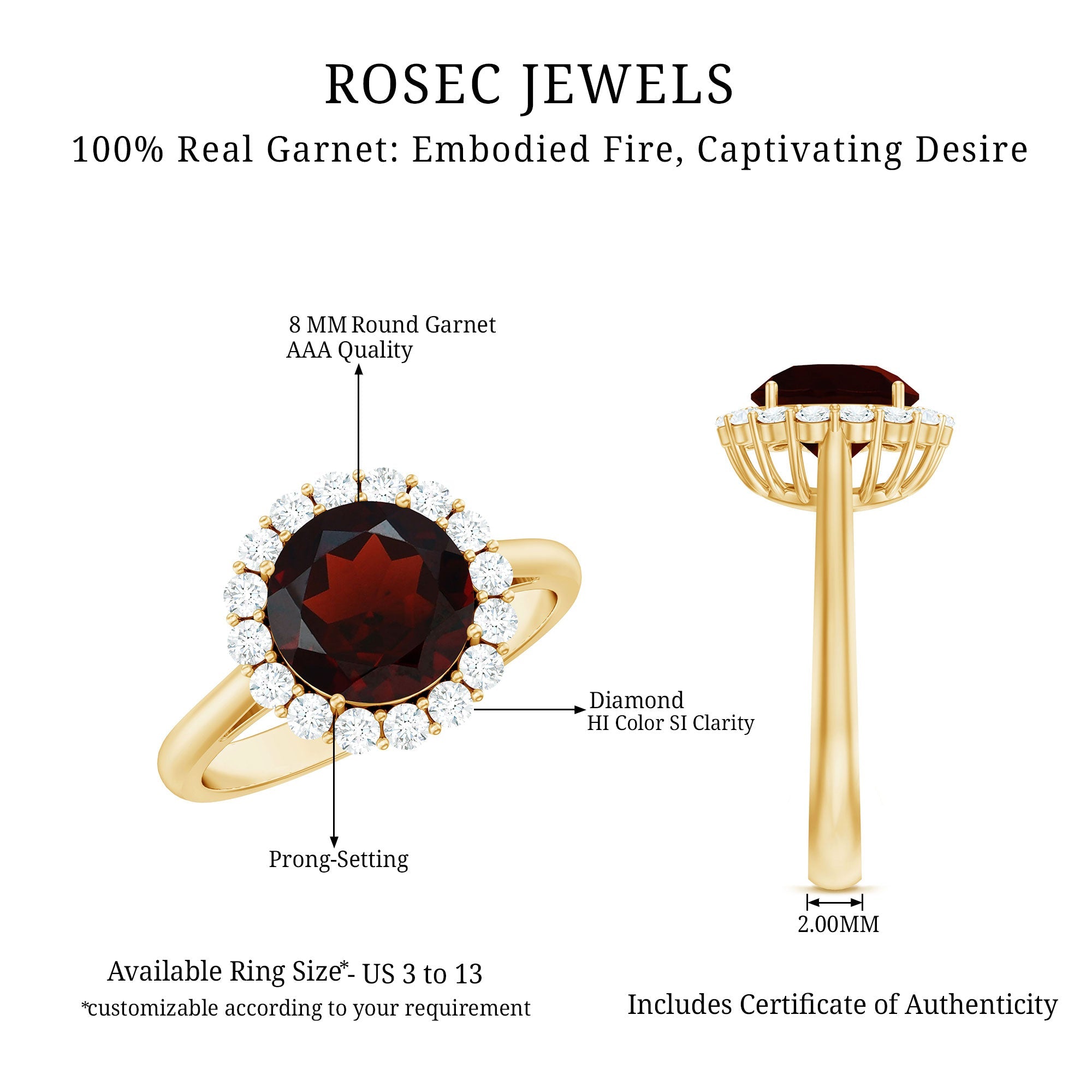 Certified Real 8 mm Garnet Engagement Ring with Diamond Halo