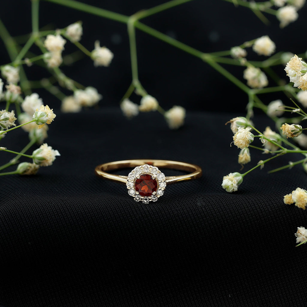 Certified Real 8 mm Garnet Engagement Ring with Diamond Halo