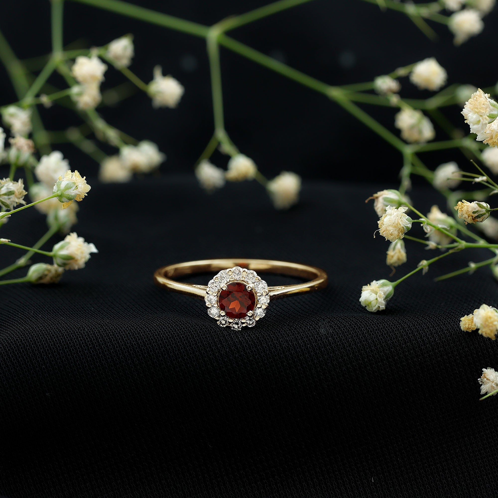 Certified Real 8 mm Garnet Engagement Ring with Diamond Halo