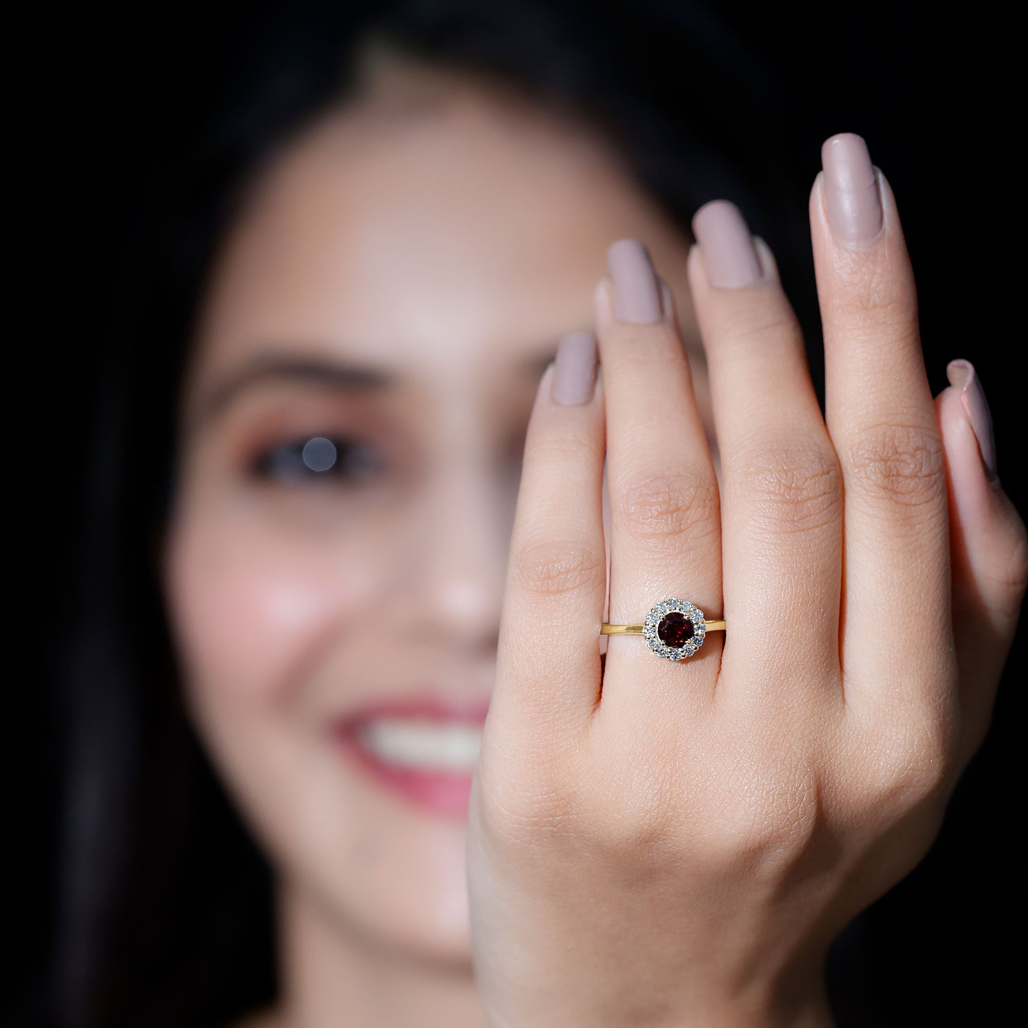 Certified Real 8 mm Garnet Engagement Ring with Diamond Halo
