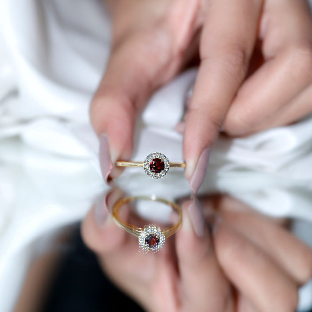 Certified Real 8 mm Garnet Engagement Ring with Diamond Halo