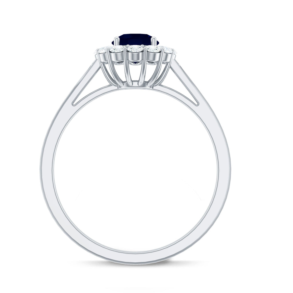 1.5 CT Floral Blue Sapphire Engagement Ring with Diamond Halo