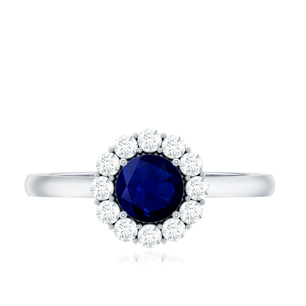 1.5 CT Floral Blue Sapphire Engagement Ring with Diamond Halo