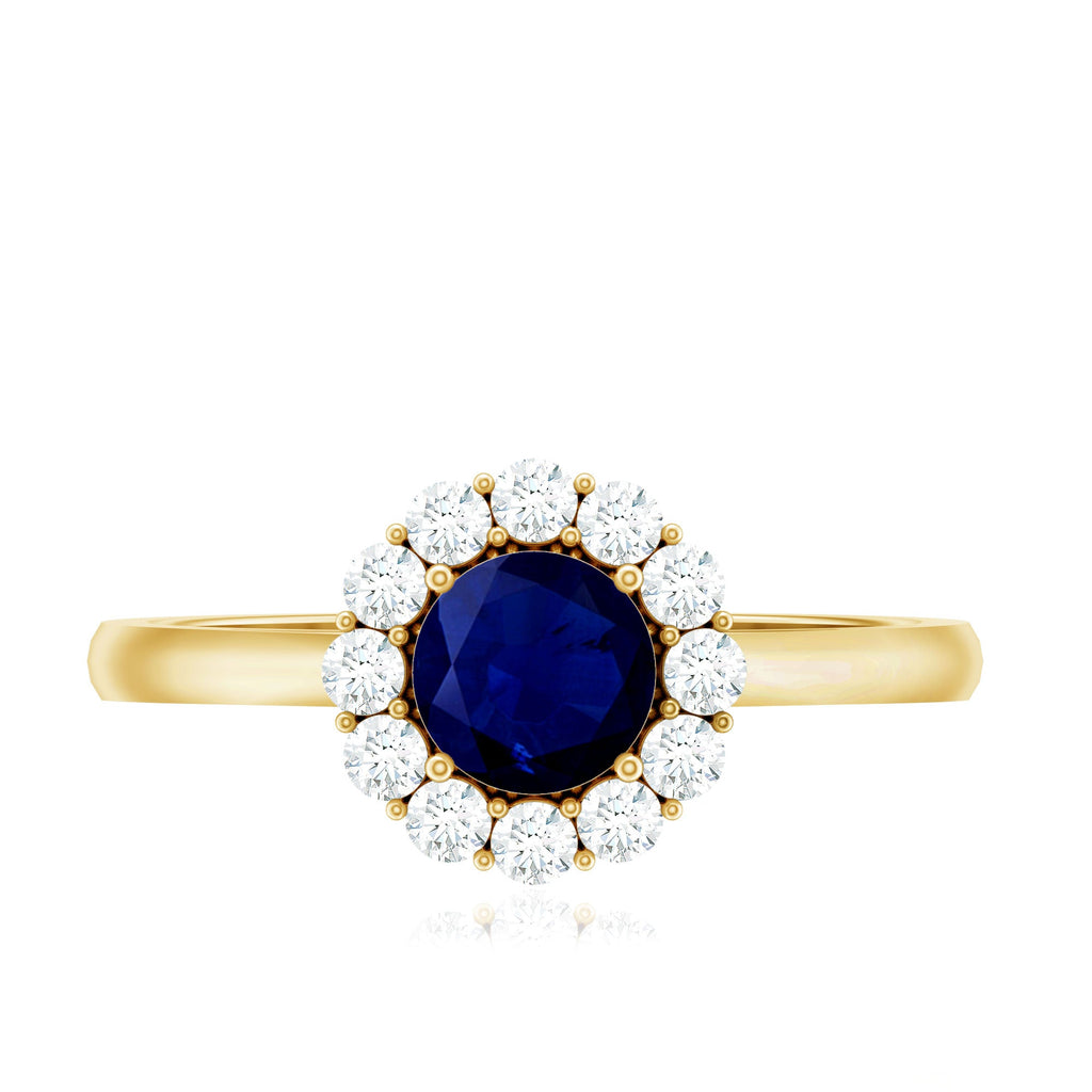 1.5 CT Floral Blue Sapphire Engagement Ring with Diamond Halo
