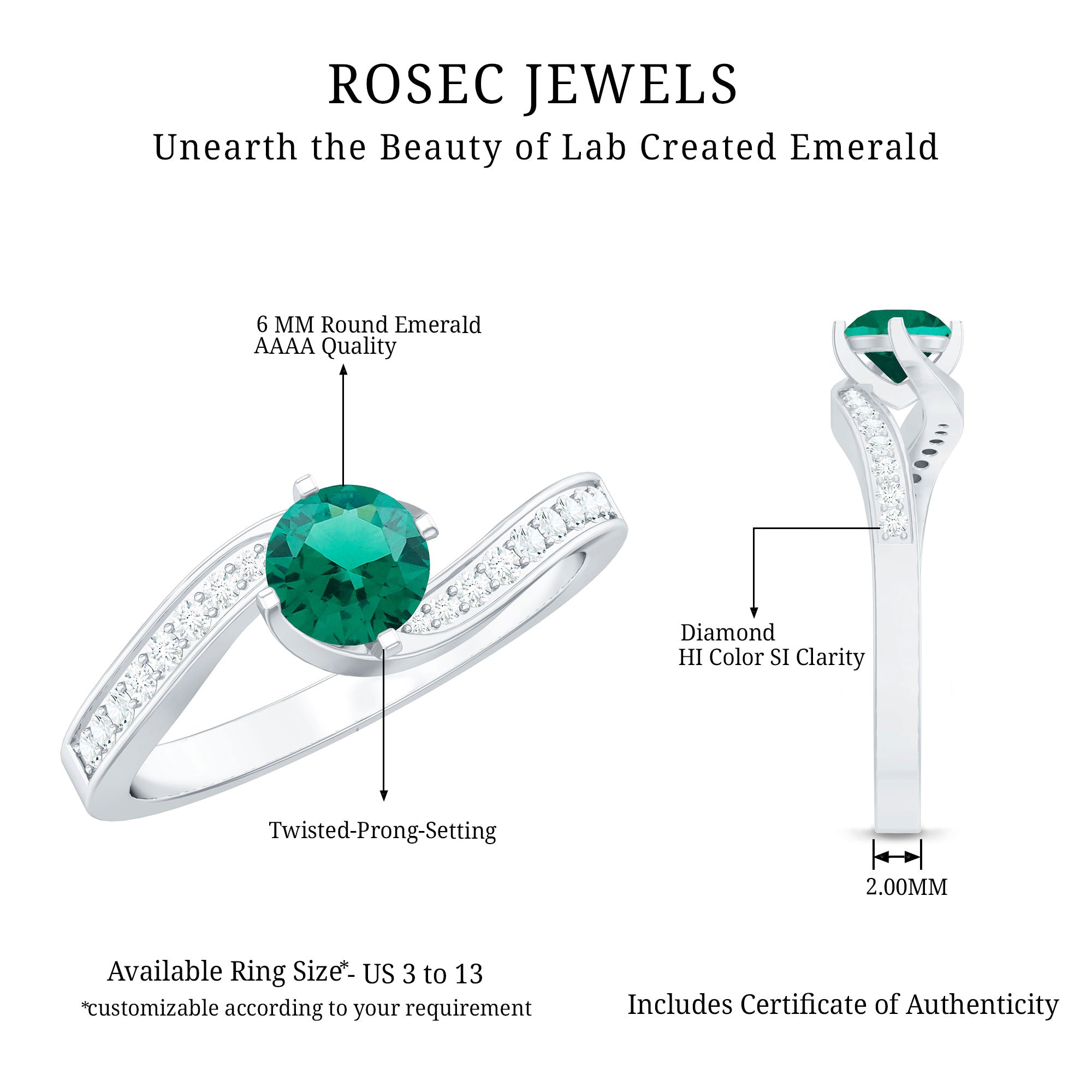 Certified 6 mm Lab Grown Emerald Diamond Bypass Engagement Ring