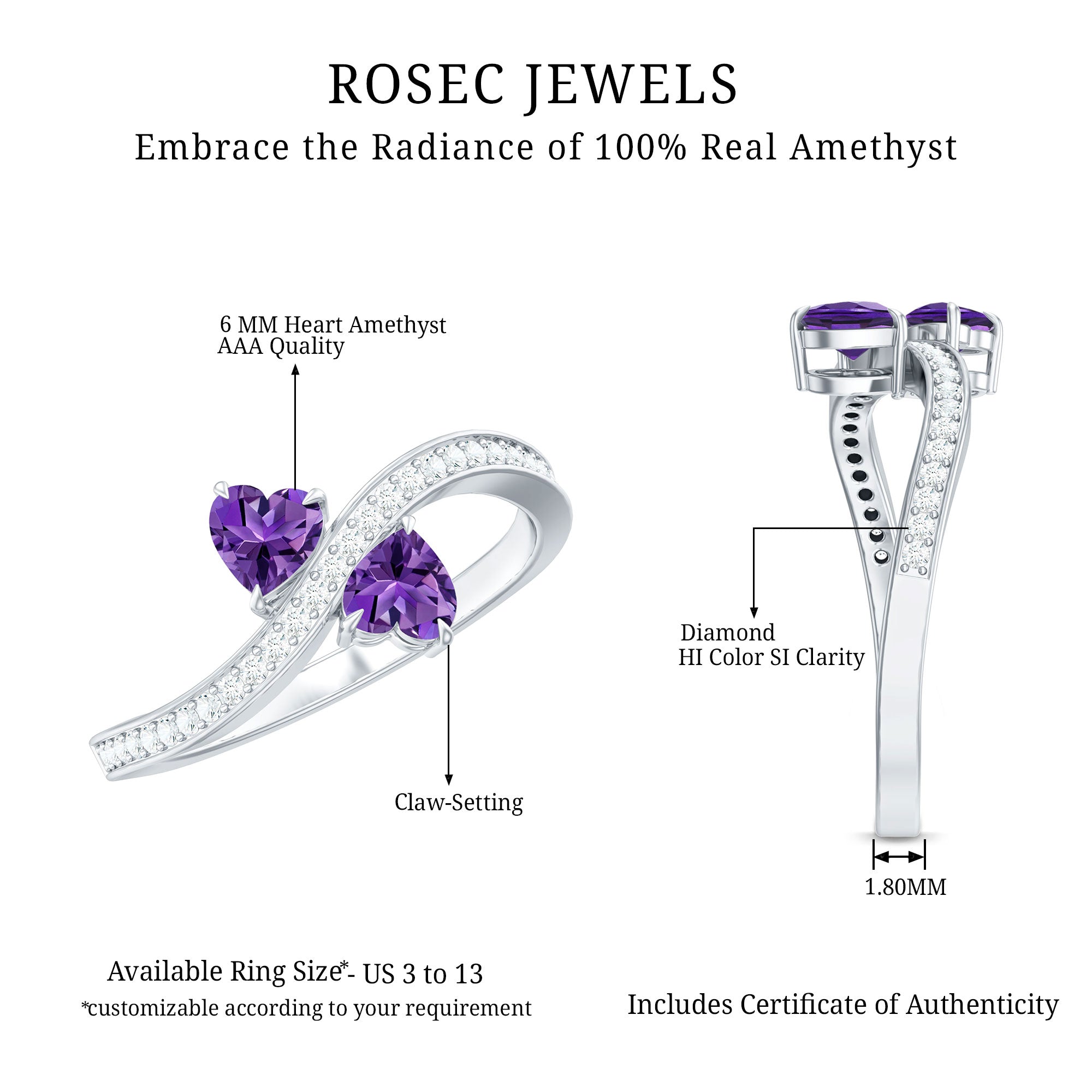 3/4 CT Heart Shape Amethyst Two Stone Engagement Ring with Diamond
