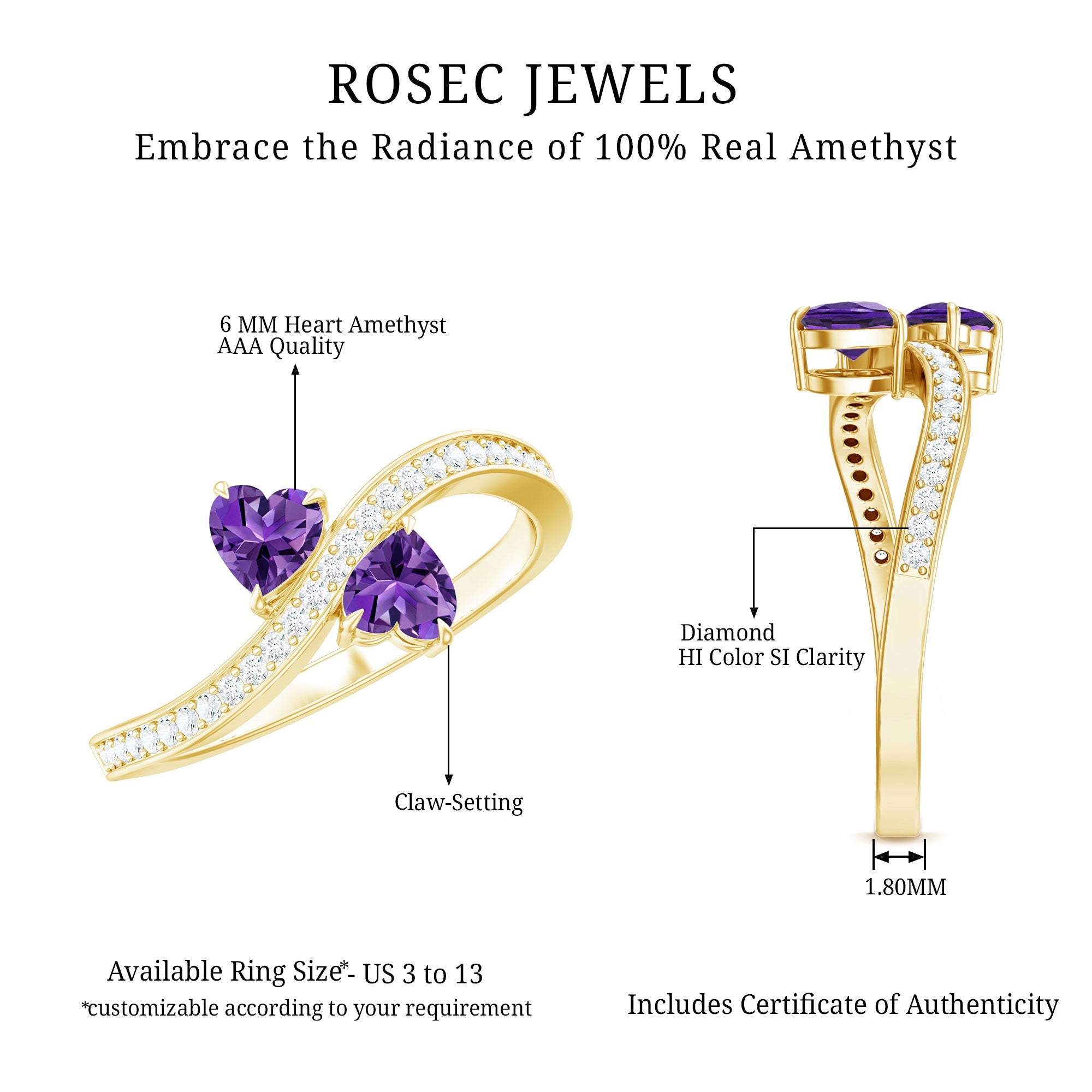 3/4 CT Heart Shape Amethyst Two Stone Engagement Ring with Diamond