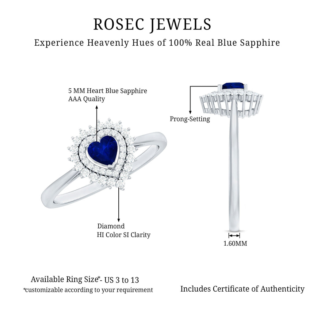 Blue Sapphire Heart and Diamond Double Halo Engagement Ring