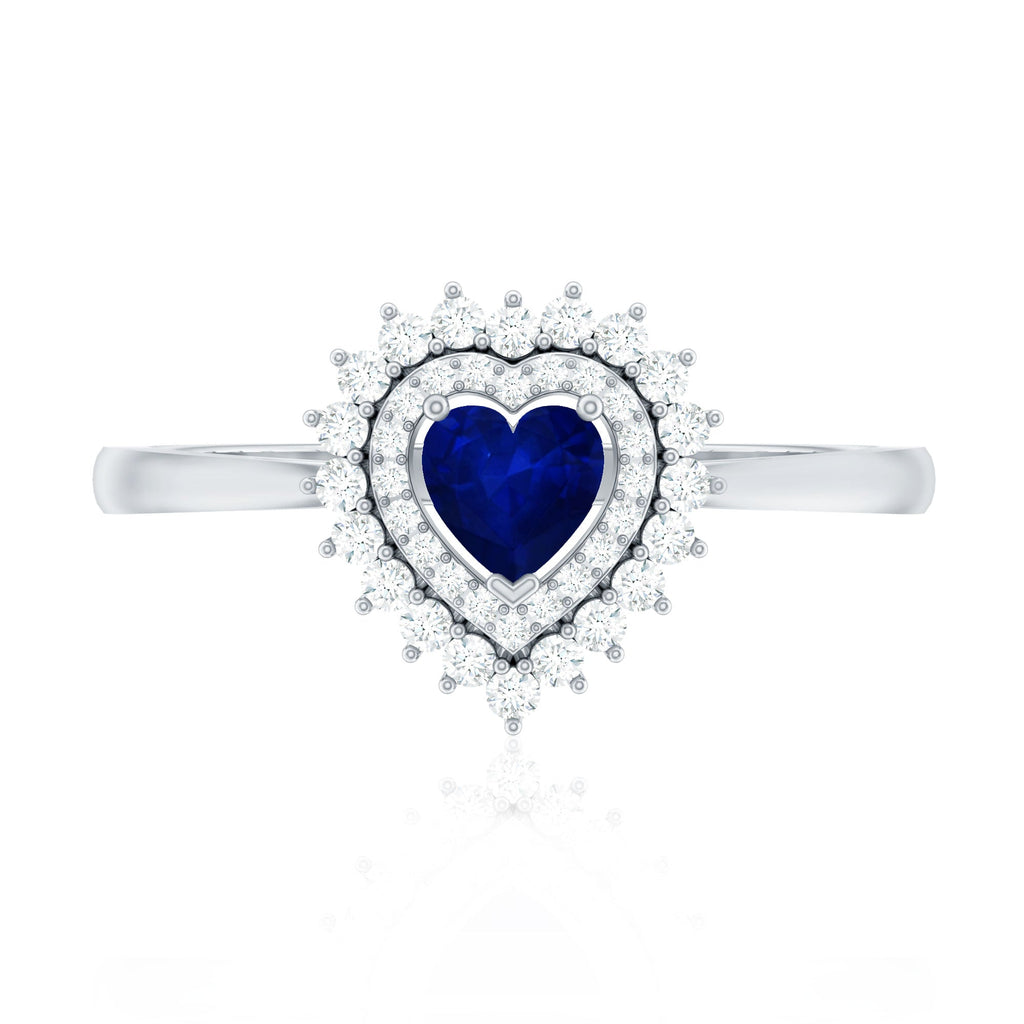 Blue Sapphire Heart and Diamond Double Halo Engagement Ring