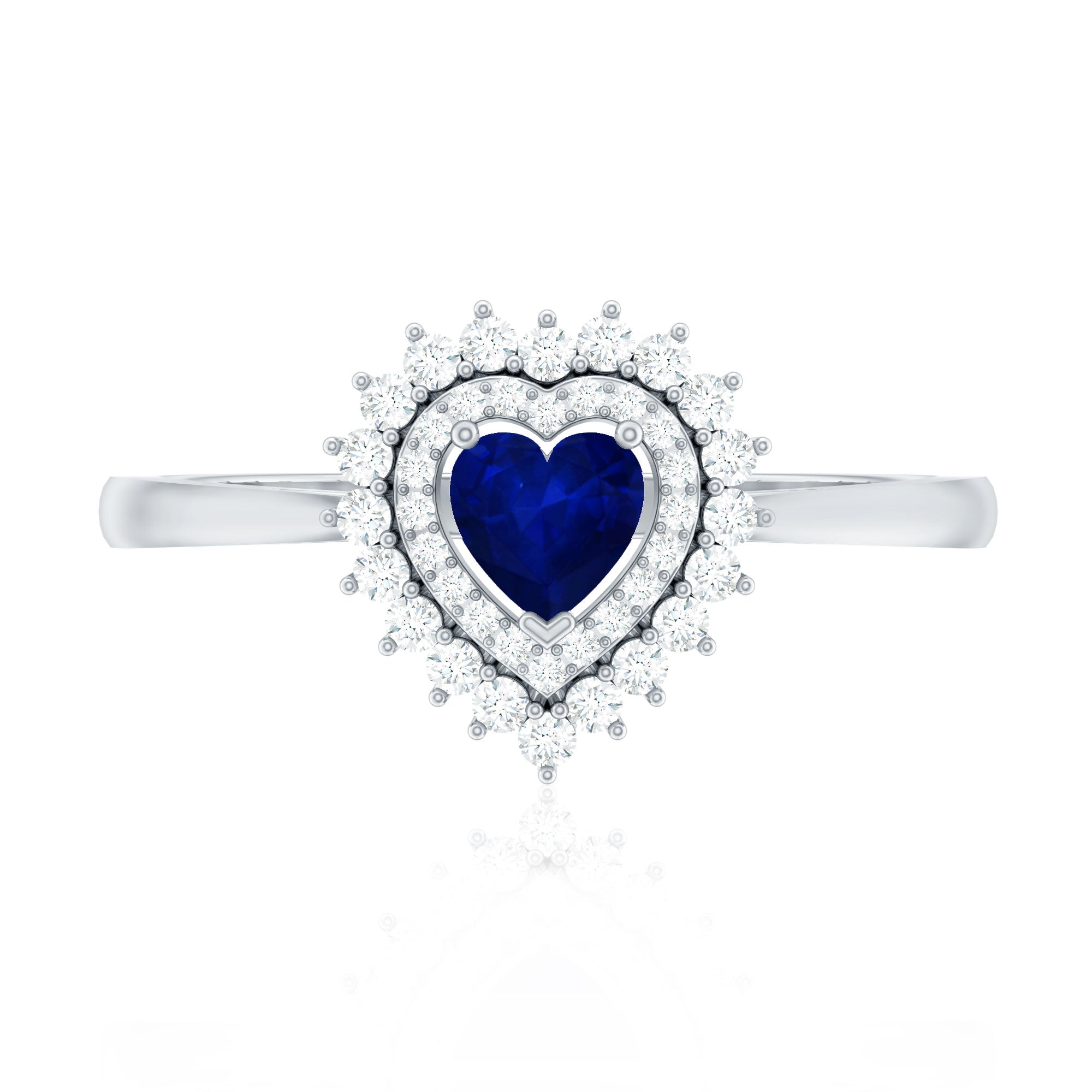 Blue Sapphire Heart and Diamond Double Halo Engagement Ring