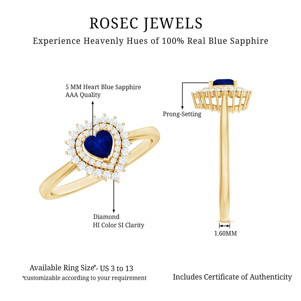 Blue Sapphire Heart and Diamond Double Halo Engagement Ring