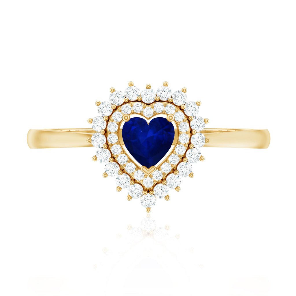 Blue Sapphire Heart and Diamond Double Halo Engagement Ring