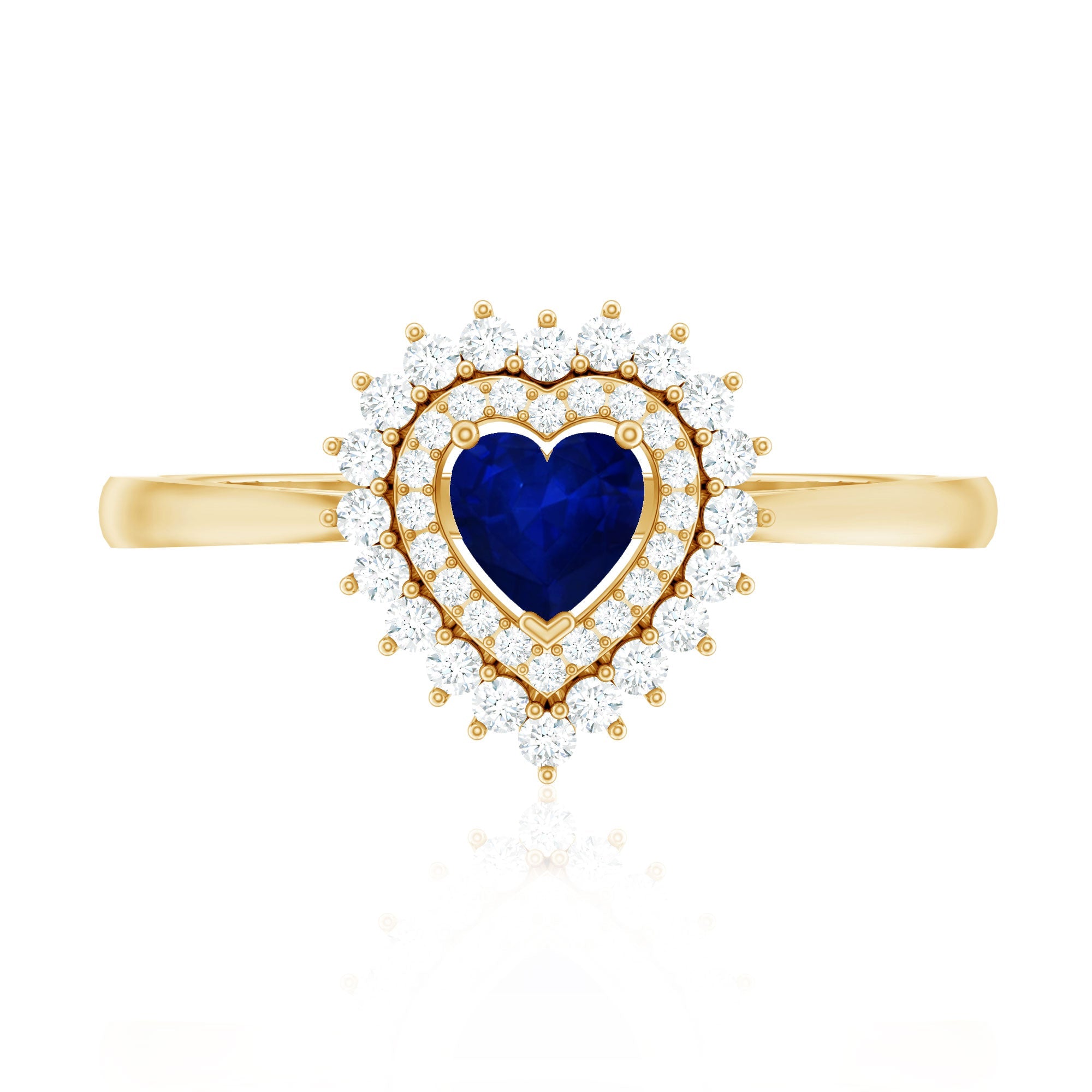 Blue Sapphire Heart and Diamond Double Halo Engagement Ring